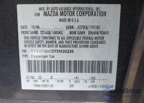 2007 Mazda Mazda6 I Sport Ve z USA, uszkodzony, nr VIN 1YVHP80C075M20226